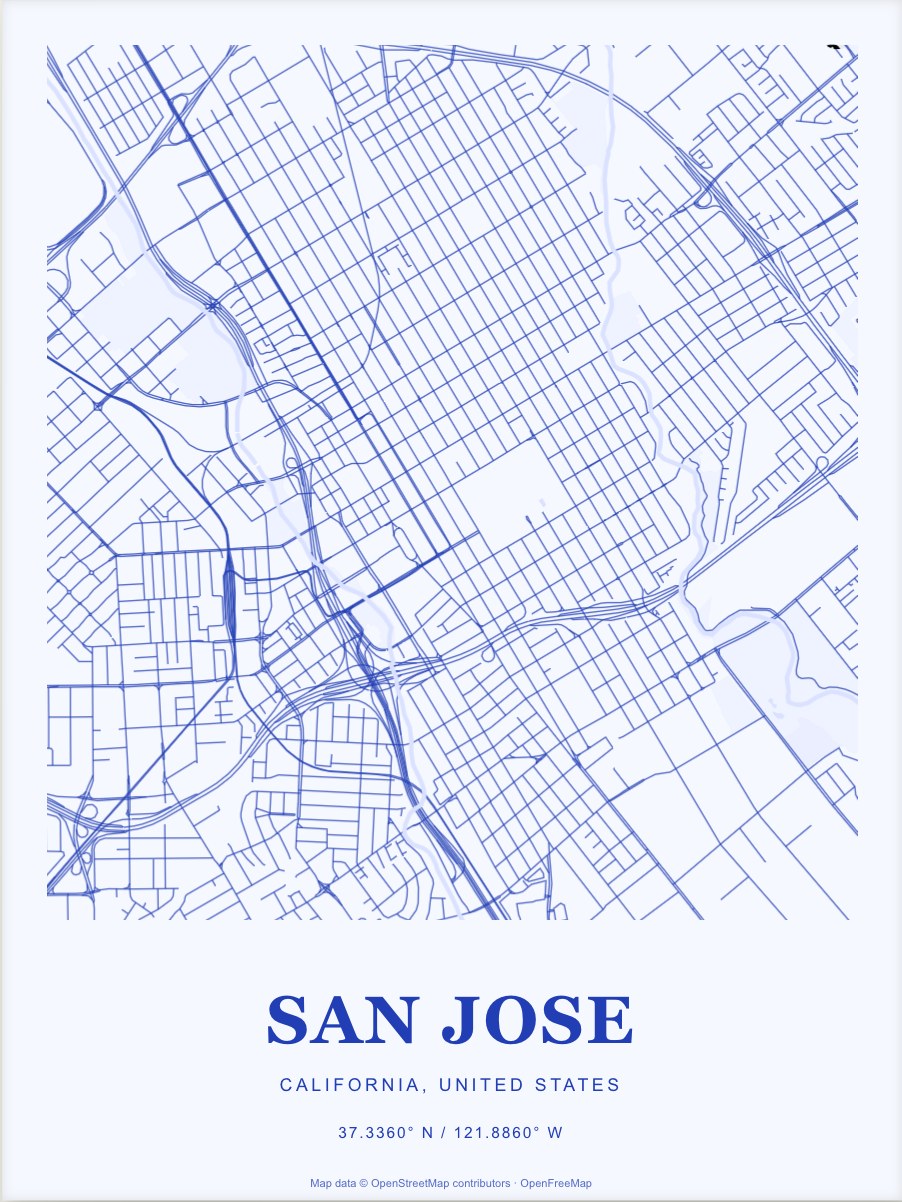 San Jose street map print in Cobalt