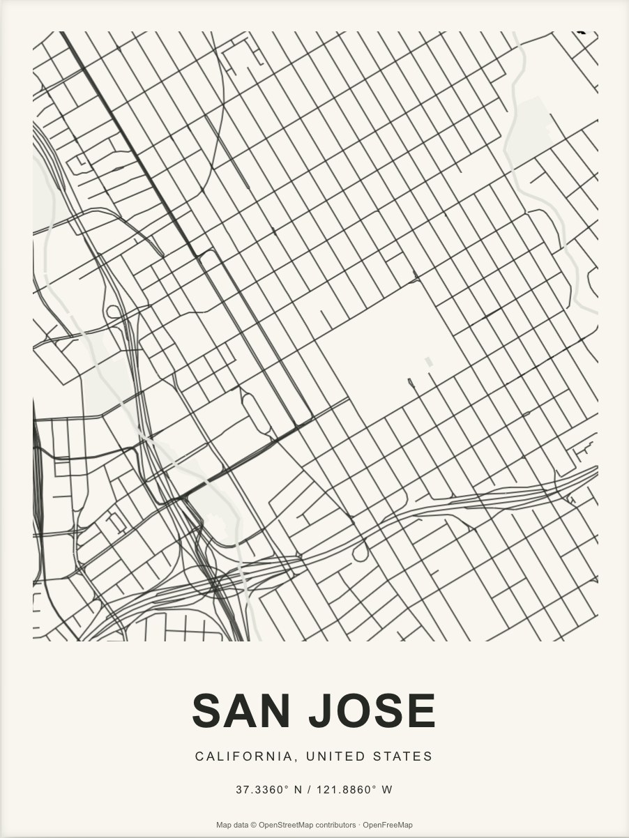 Closer San Jose street map in dark ink on warm paper