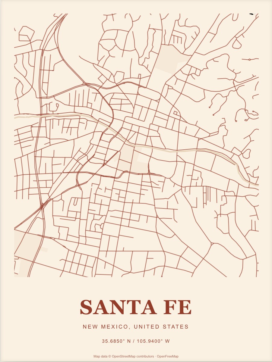 Santa Fe street map print in Terracotta