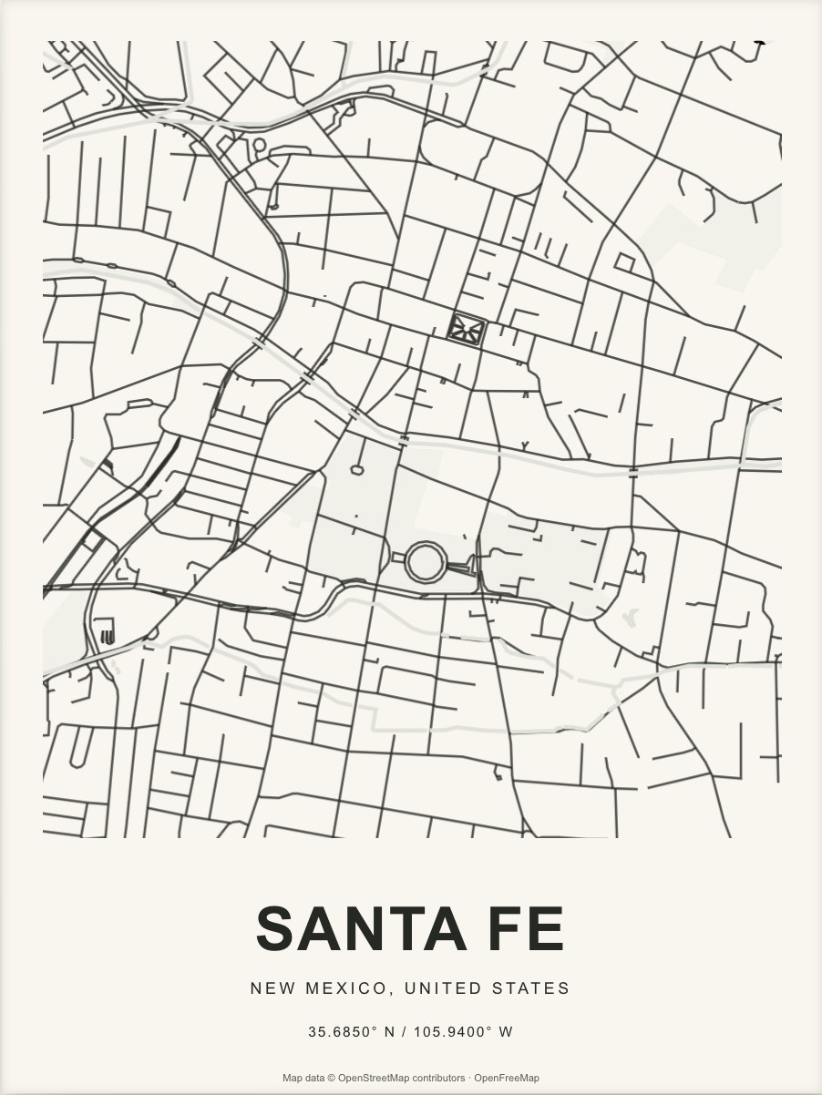 Closer Santa Fe street map in dark ink on warm paper