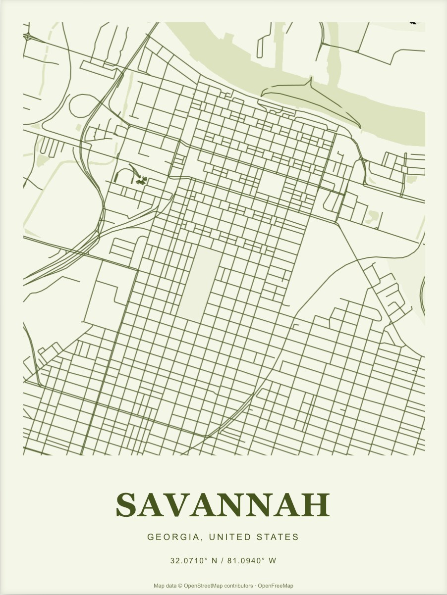 Savannah street map print in Moss