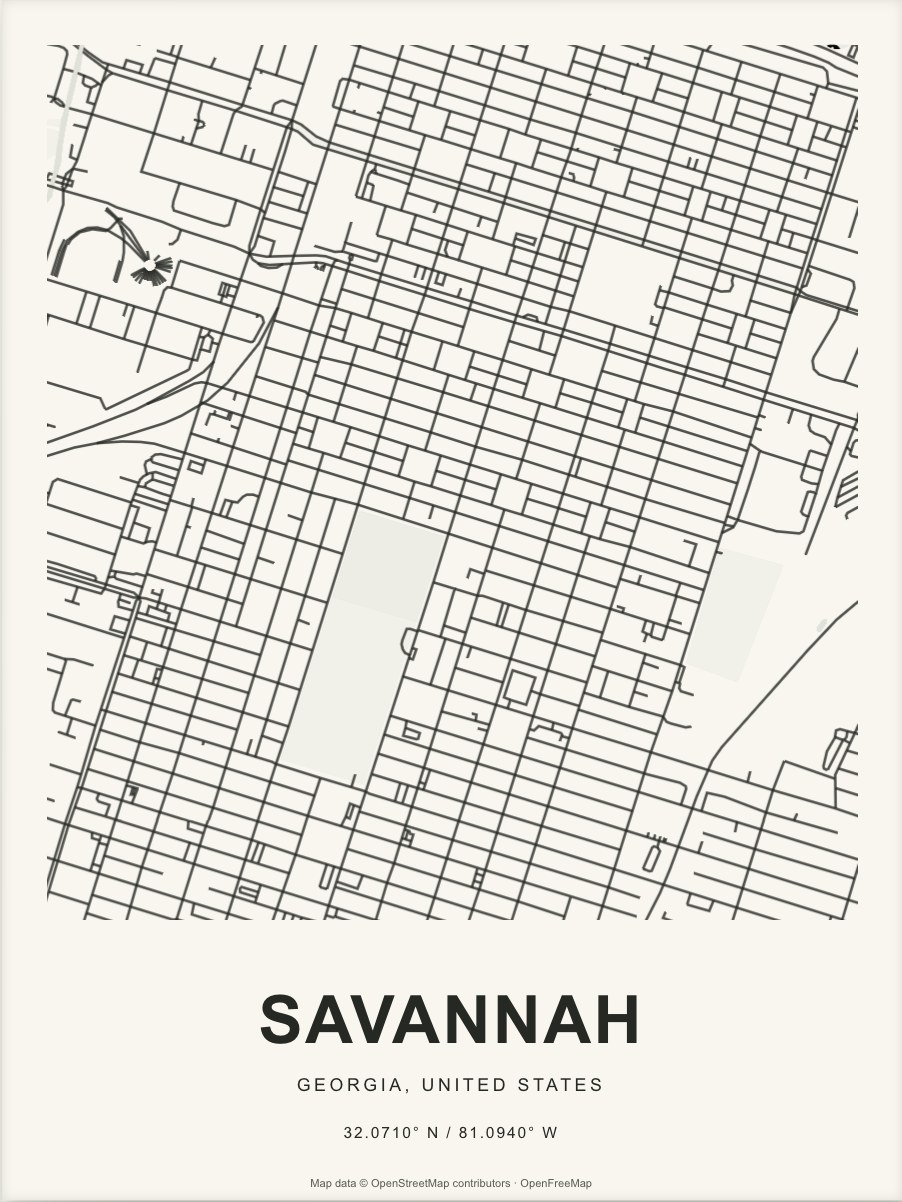 Closer Savannah street map in dark ink on warm paper