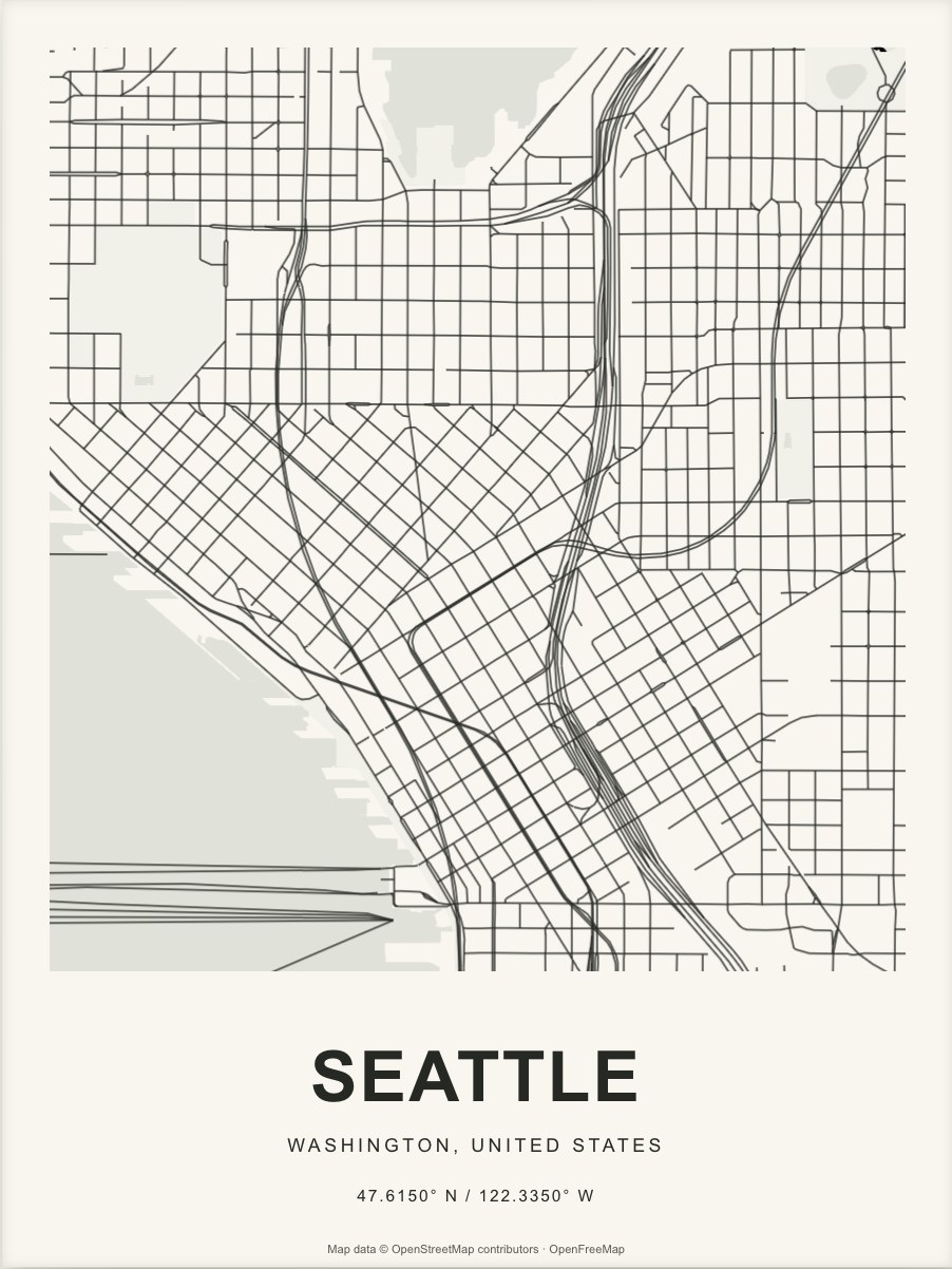 Closer Seattle street map in dark ink on warm paper