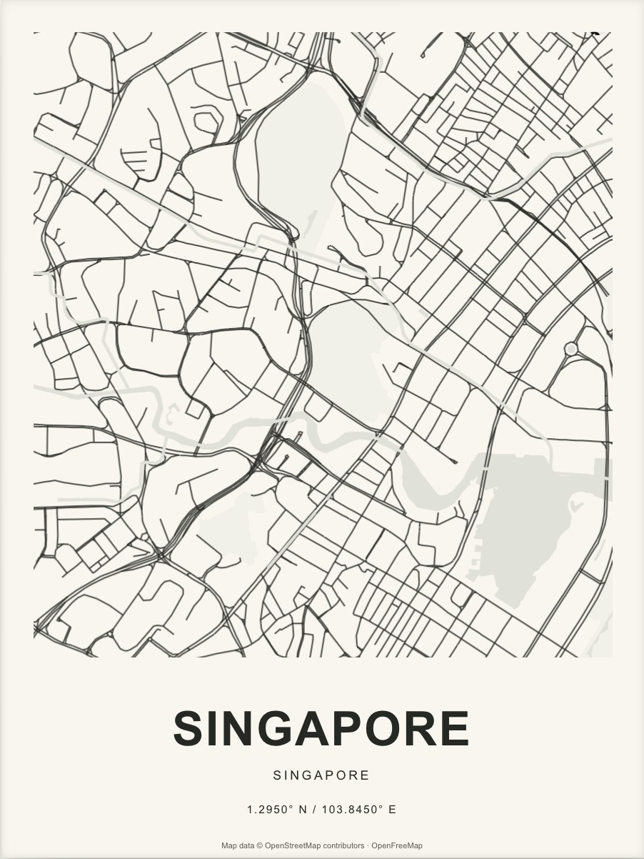Closer Singapore street map in dark ink on warm paper