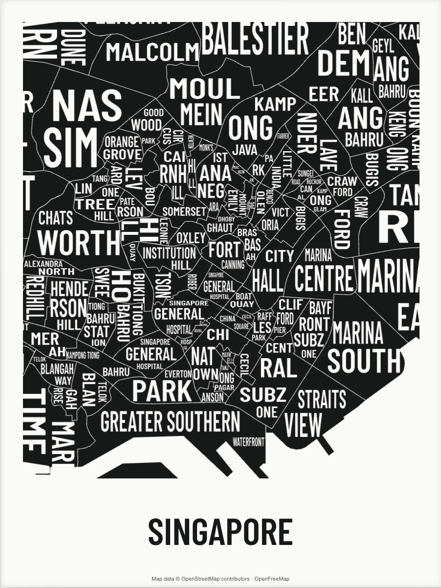 Singapore map made from the names of its mapped areas