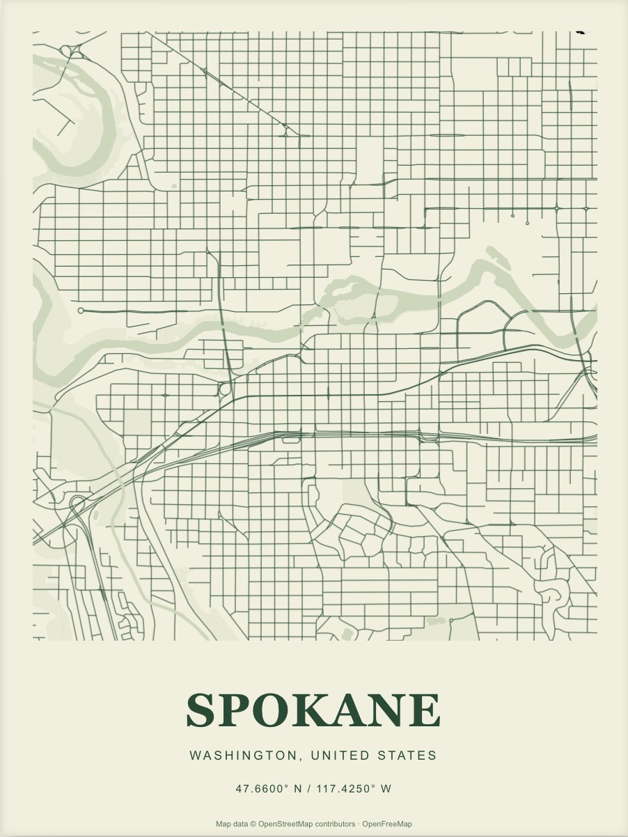 Spokane street map print in Forest