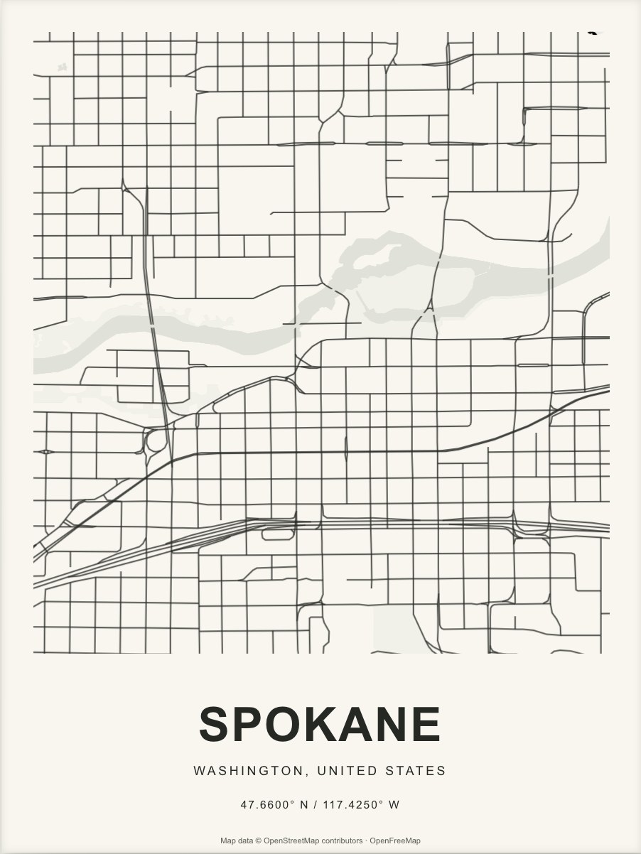 Closer Spokane street map in dark ink on warm paper