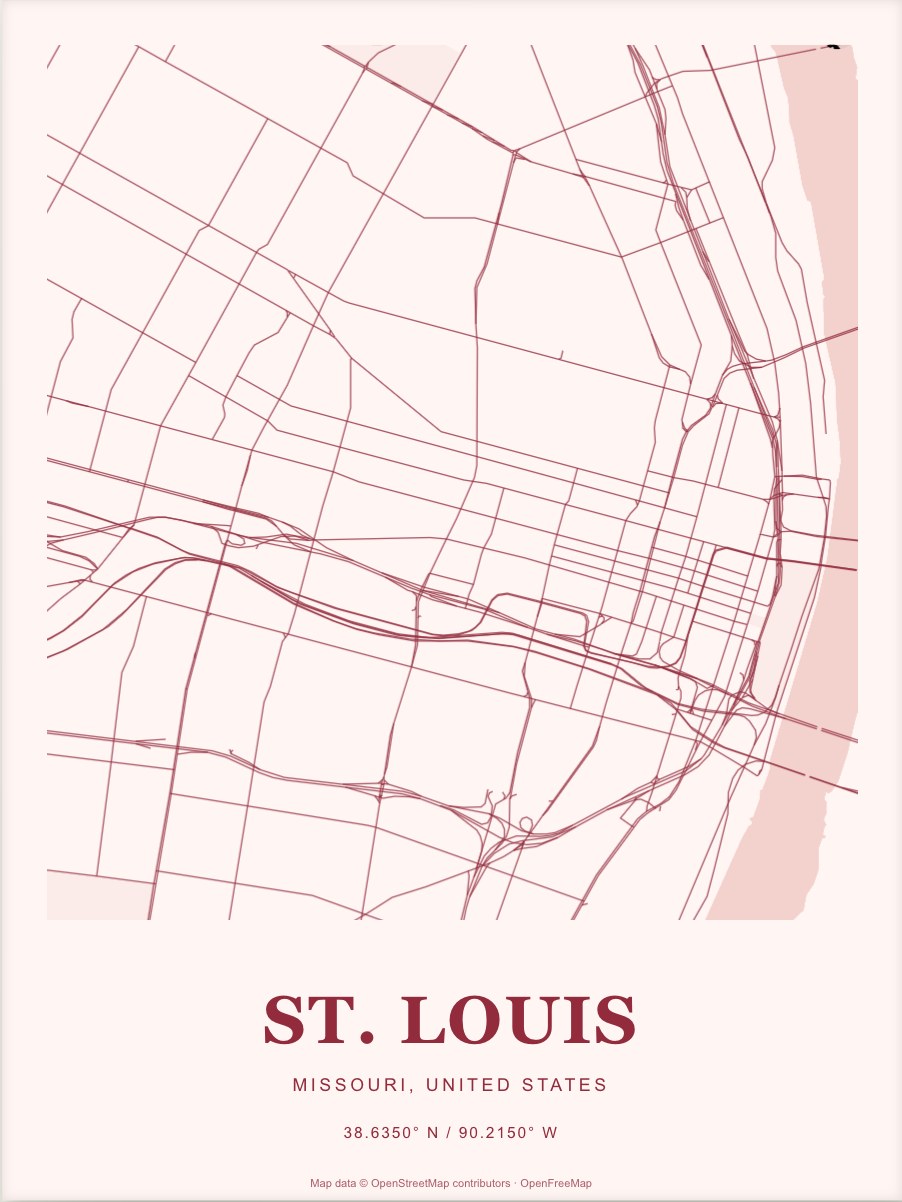 St. Louis street map print in Cherry