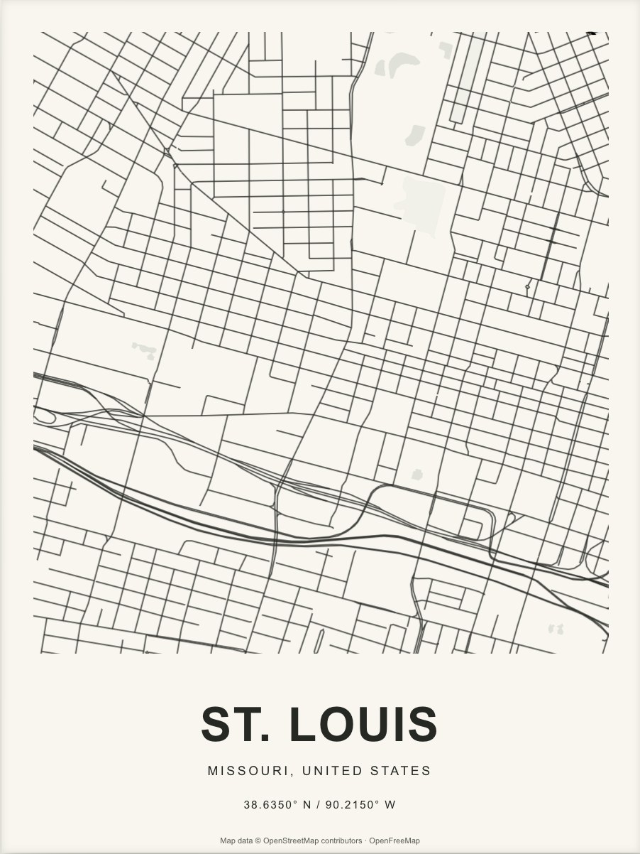 Closer St. Louis street map in dark ink on warm paper