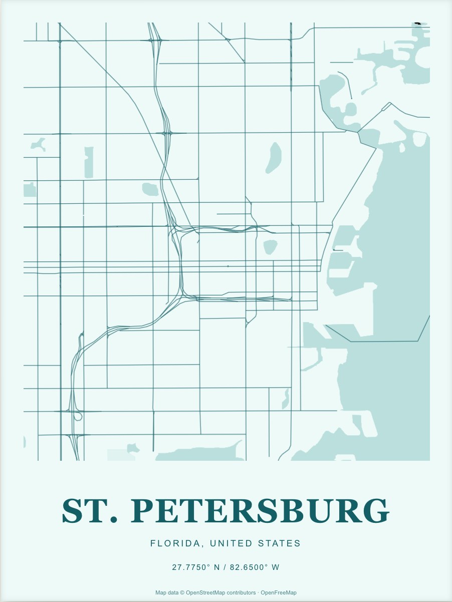 St. Petersburg street map print in Lagoon