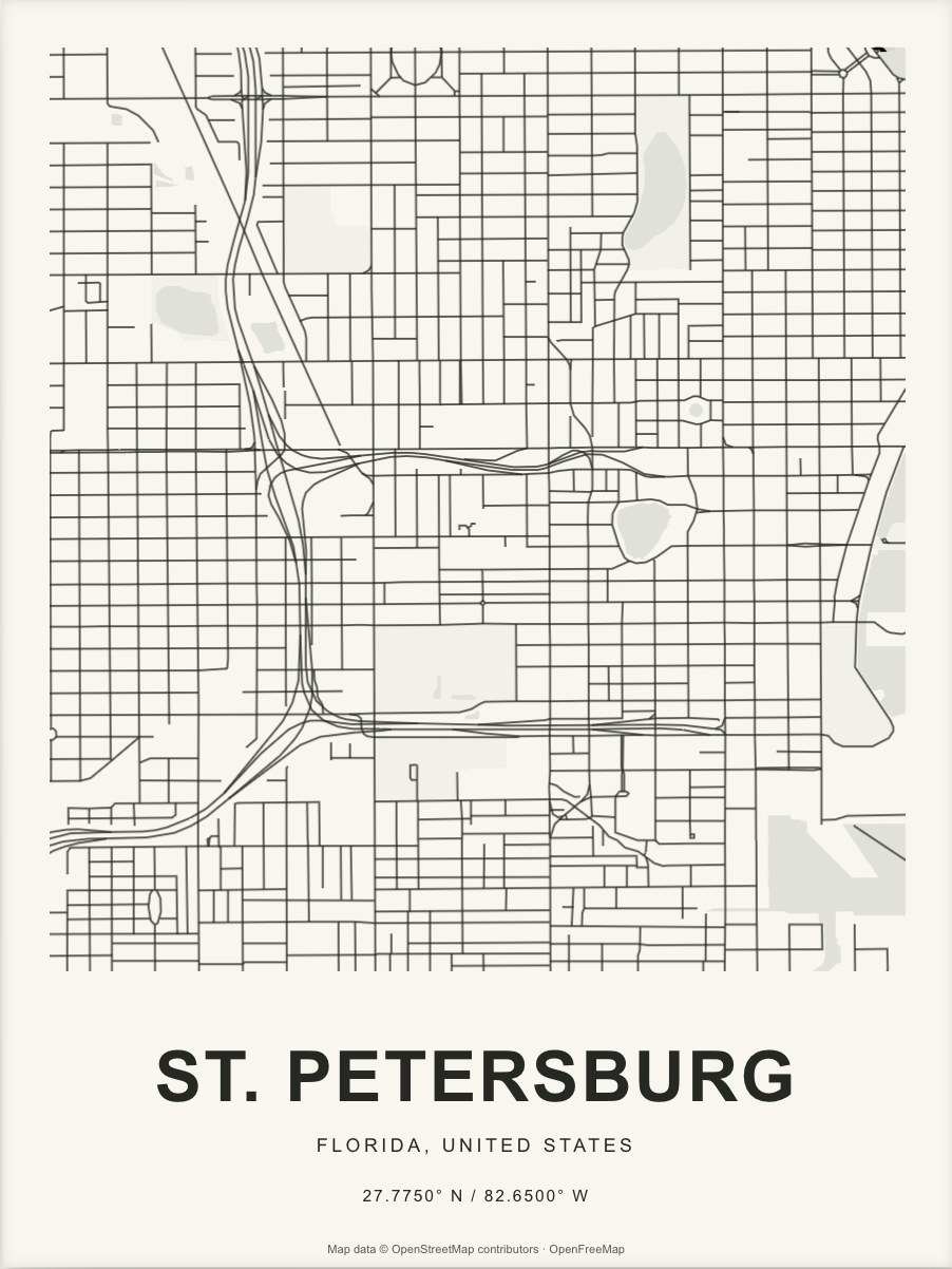 Closer St. Petersburg street map in dark ink on warm paper