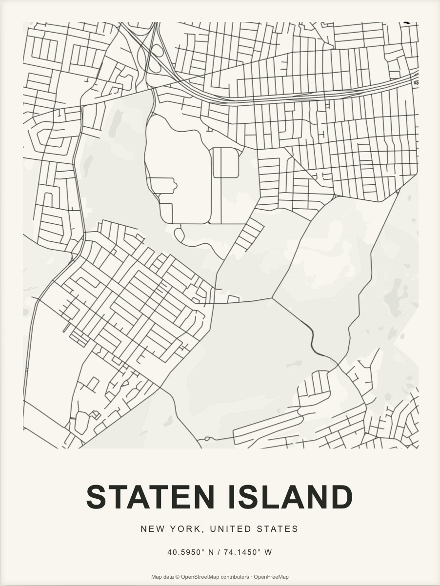 Closer Staten Island street map in dark ink on warm paper