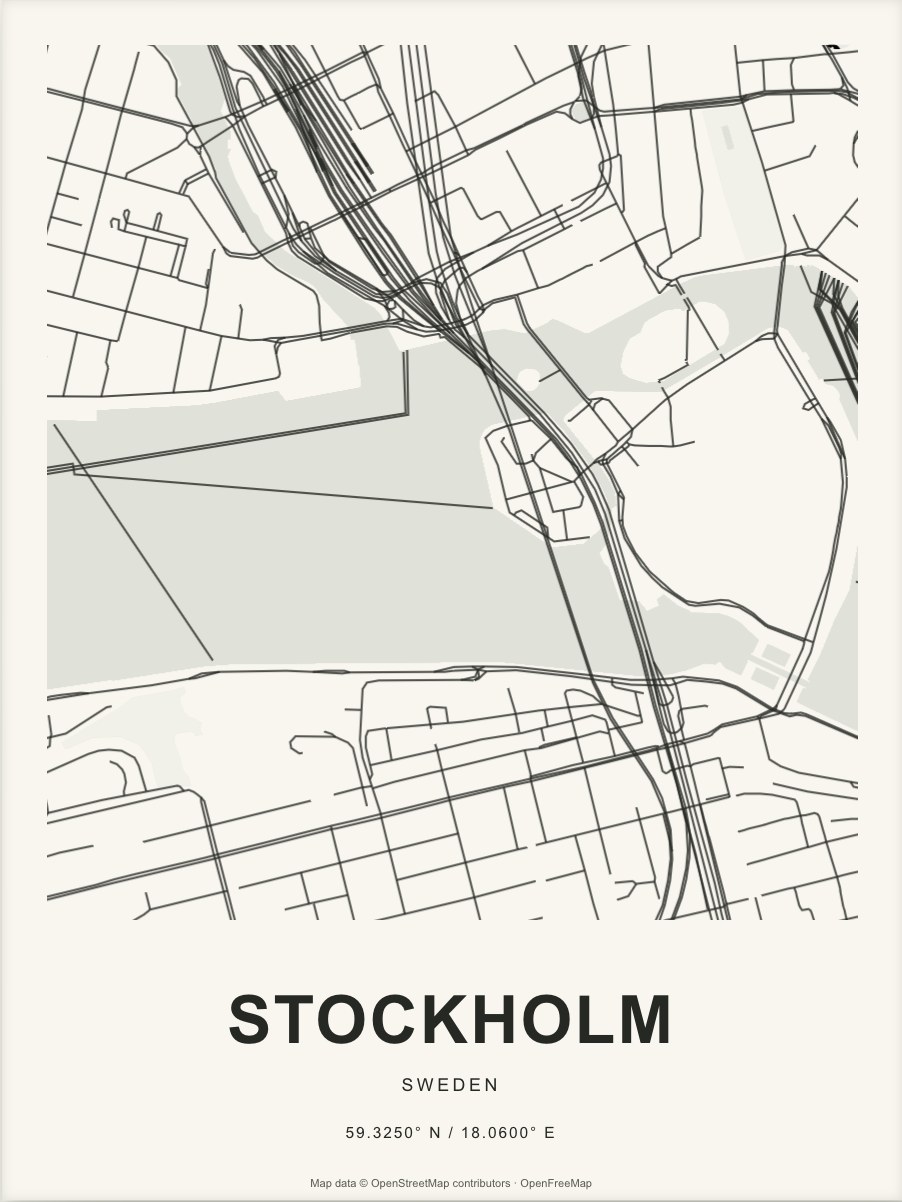 Closer Stockholm street map in dark ink on warm paper