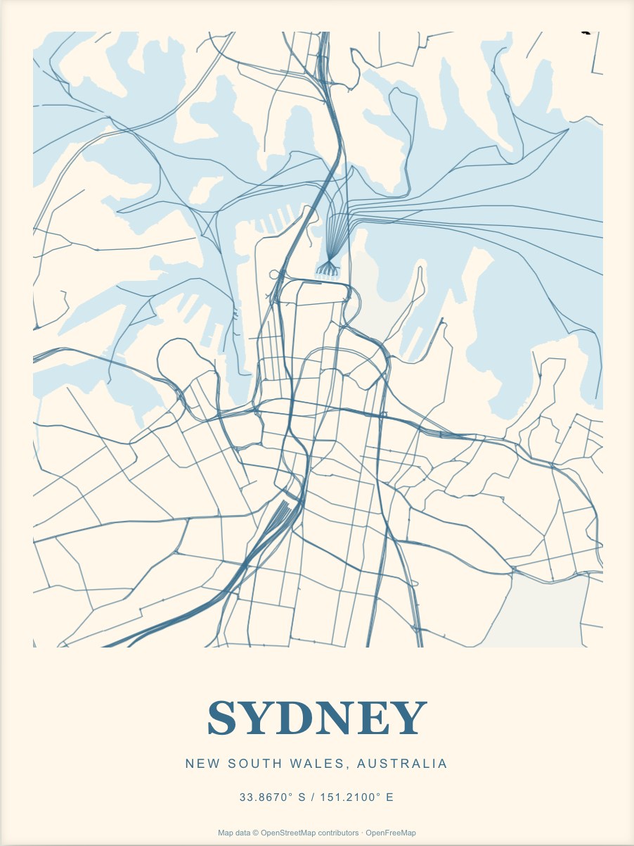 Sydney street map print in Coast