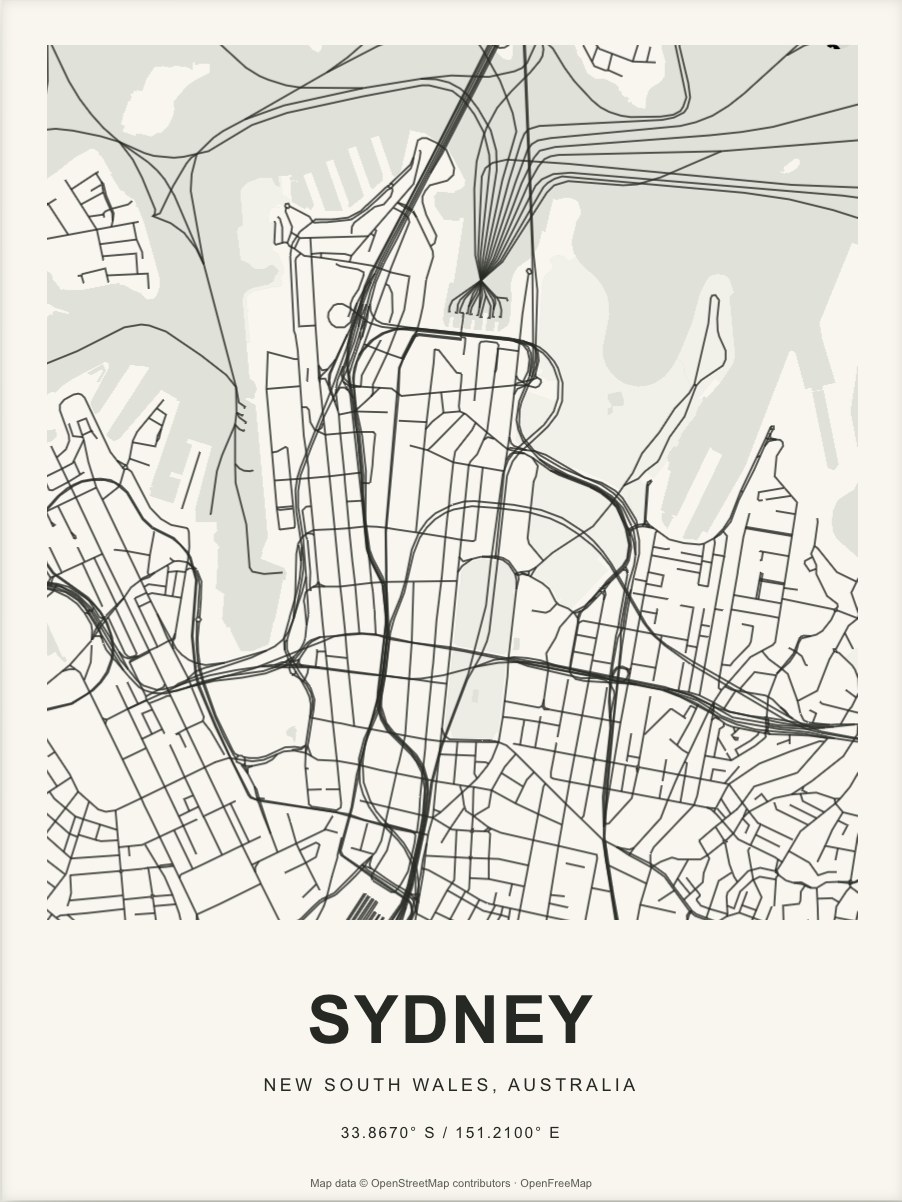 Closer Sydney street map in dark ink on warm paper