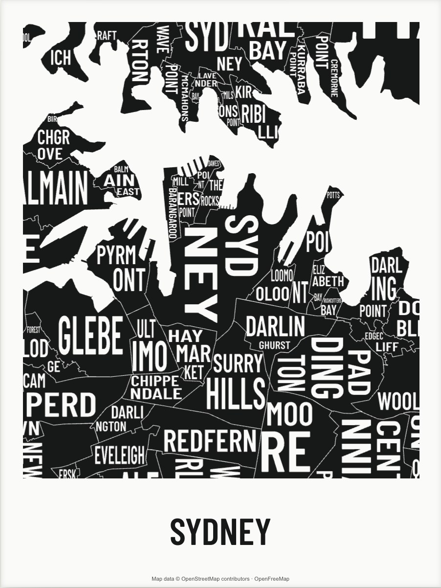 Sydney map made from the names of its mapped areas