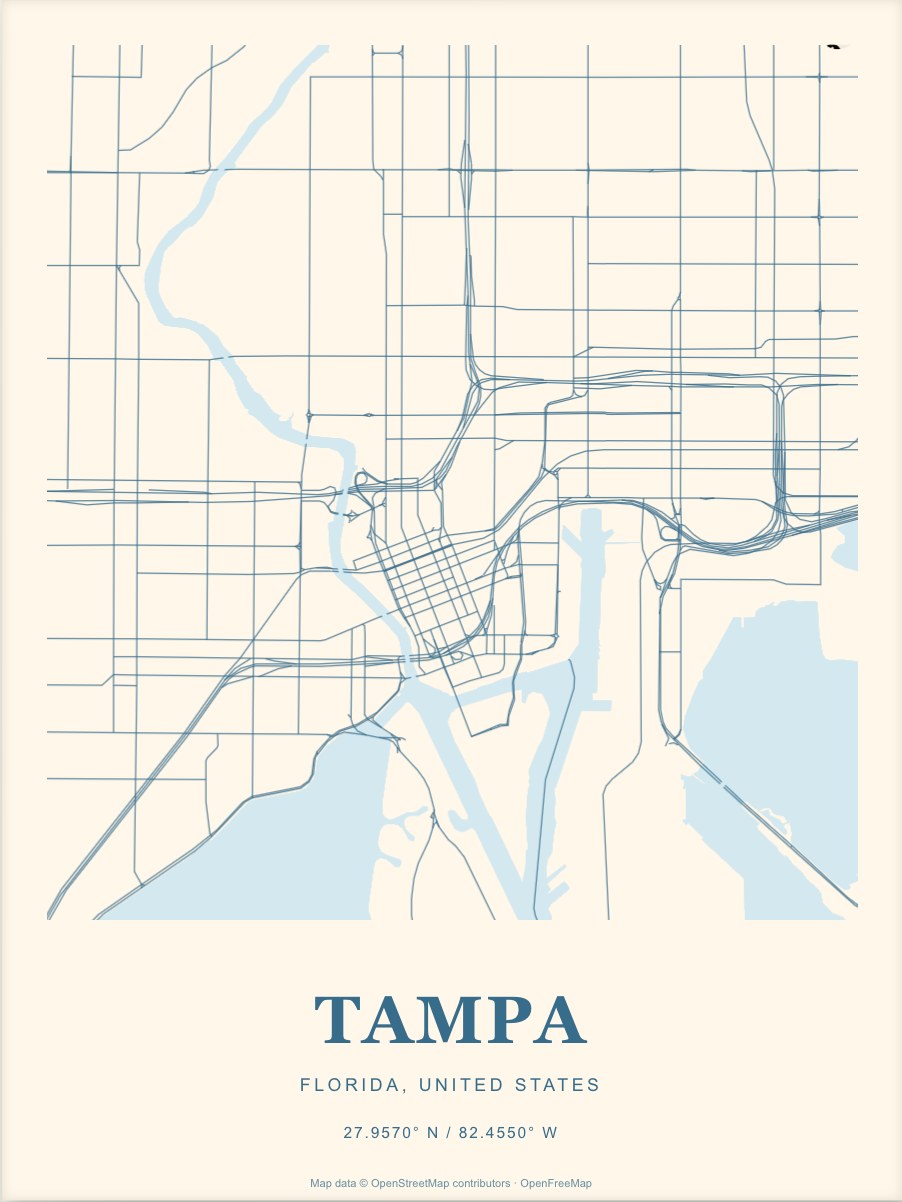 Tampa street map print in Coast