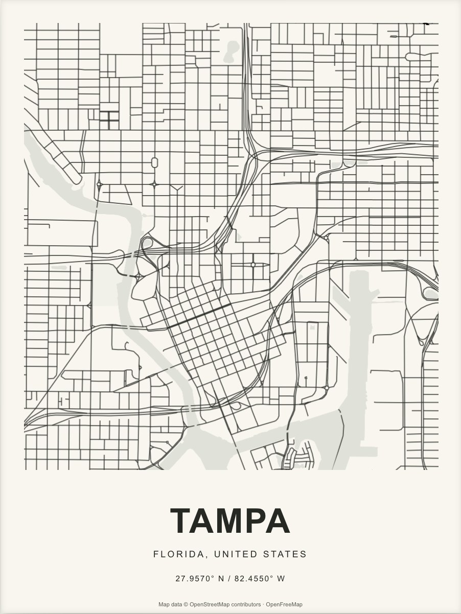 Closer Tampa street map in dark ink on warm paper