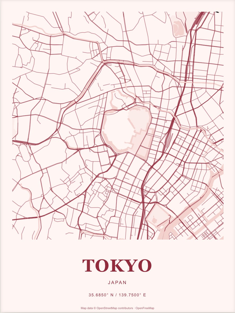 Tokyo street map print in Cherry