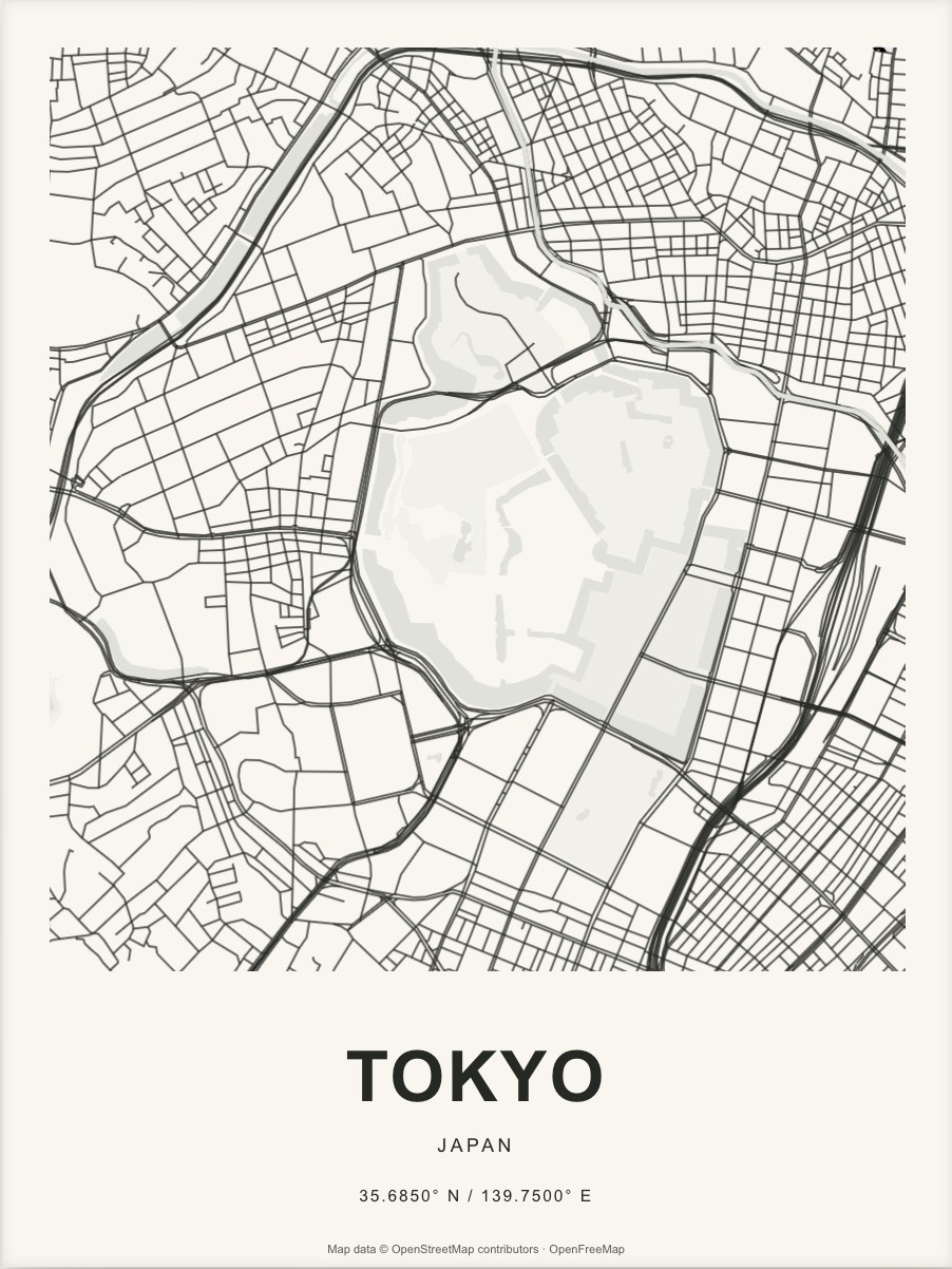 Closer Tokyo street map in dark ink on warm paper