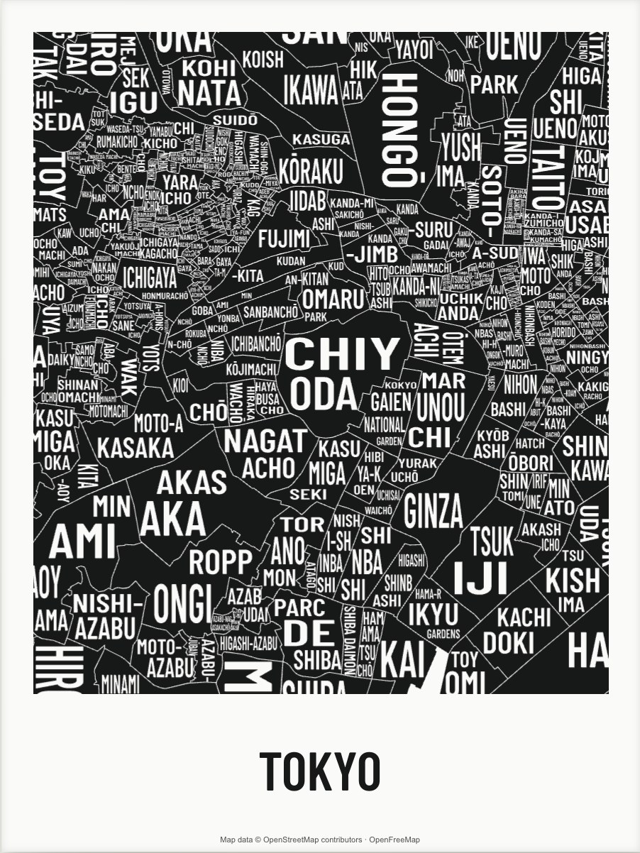 Tokyo map made from the names of its mapped areas