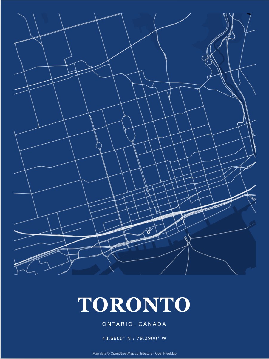 Toronto street map print in Blueprint