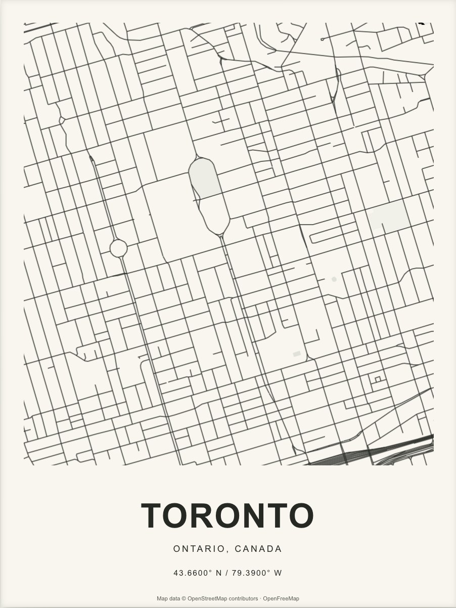 Closer Toronto street map in dark ink on warm paper