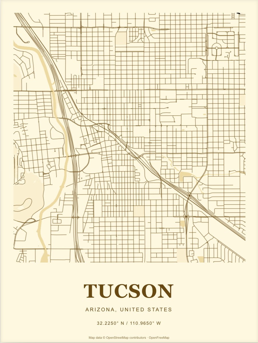 Tucson street map print in Sunflower