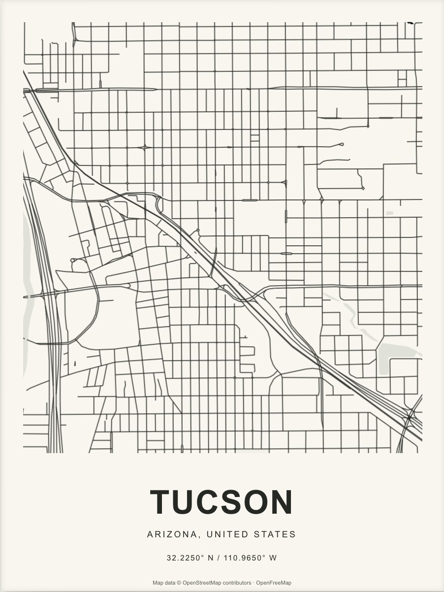 Closer Tucson street map in dark ink on warm paper