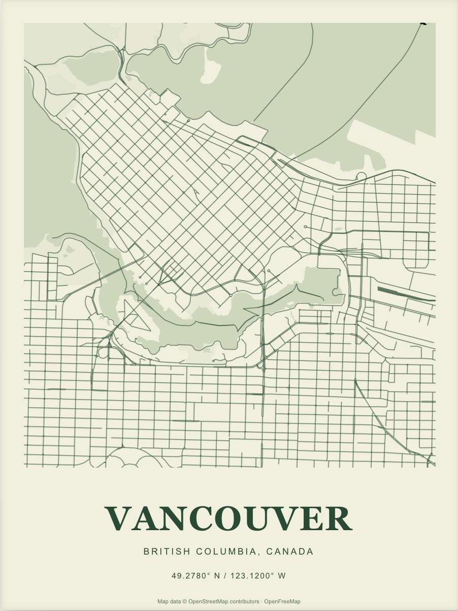 Vancouver street map print in Forest