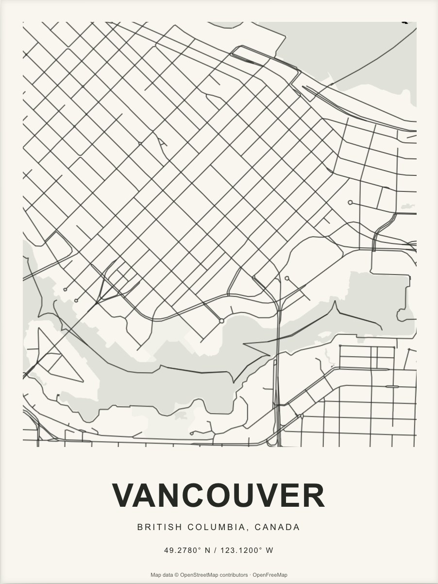 Closer Vancouver street map in dark ink on warm paper
