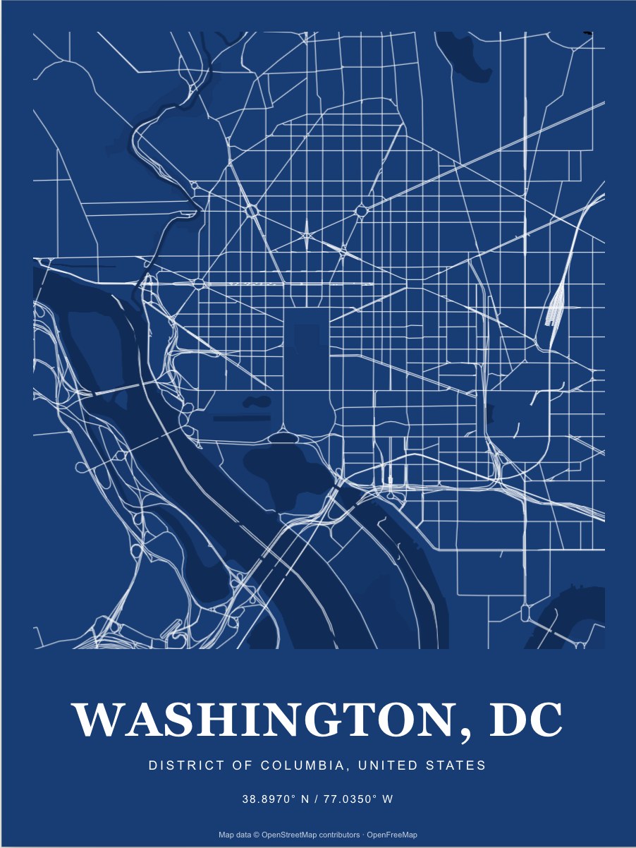Washington, DC street map print in Blueprint