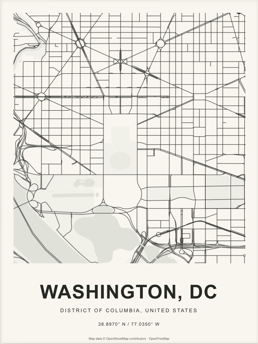 Closer Washington, DC street map in dark ink on warm paper